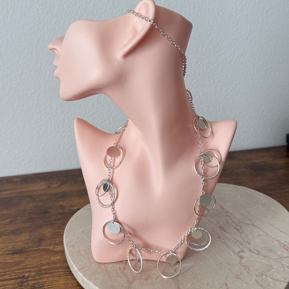 Silver Circle Pendant Long Necklace
